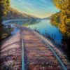 landscape painting of train track running along a lake