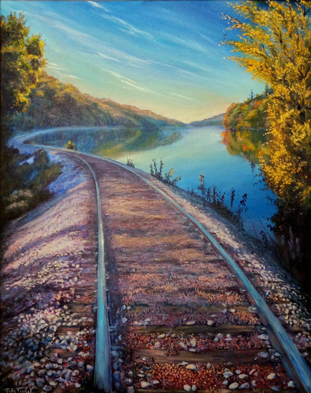 landscape painting of train track running along a lake