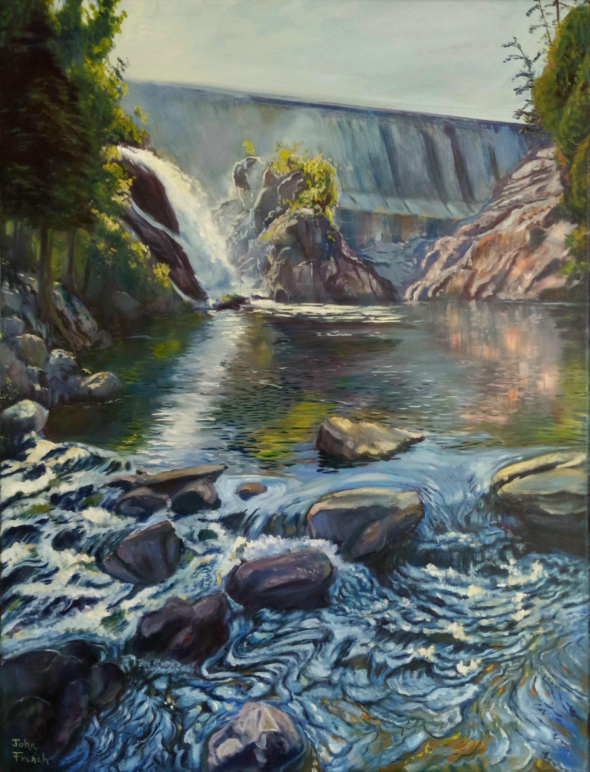 painting of a river and dam